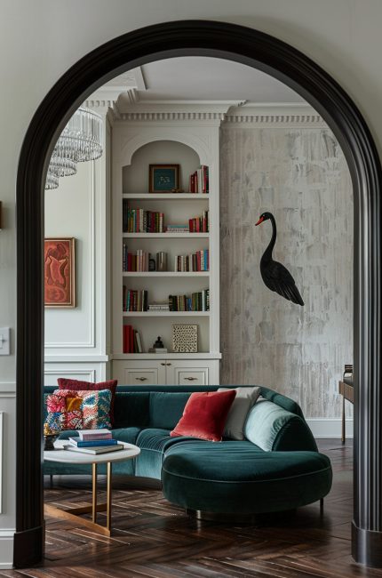 Clapham living room interior with arched doorway, velvet sofa, and decorative wall panelling designed by The Stylesmiths London.