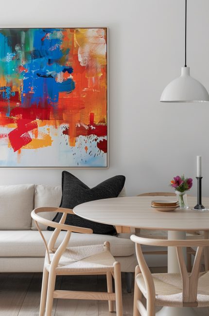 Dalston dining room interior with neutral furniture, round table, and colourful abstract art designed by The Stylesmiths London.