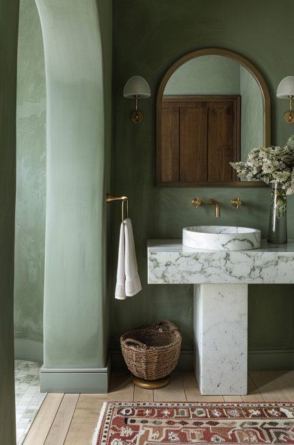 Enfield bathroom with marble vanity, green plaster walls, and brass fixtures designed by The Stylesmiths London.