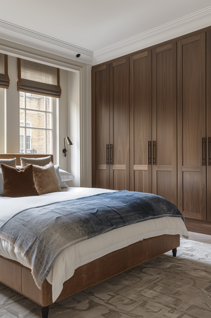 Finchley bedroom with walnut joinery, soft textiles, and natural light designed by The Stylesmiths London.