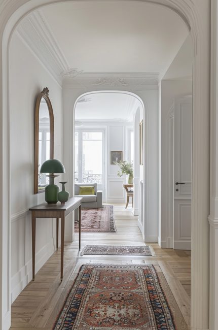 Finchley hallway with archways, timber flooring, and decorative lighting designed by The Stylesmiths London.