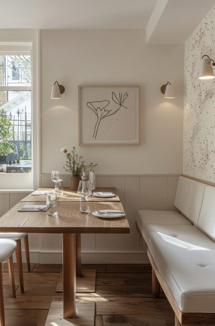 Finsbury restaurant interior with light timber furniture, textured walls, and soft lighting designed by The Stylesmiths London.
