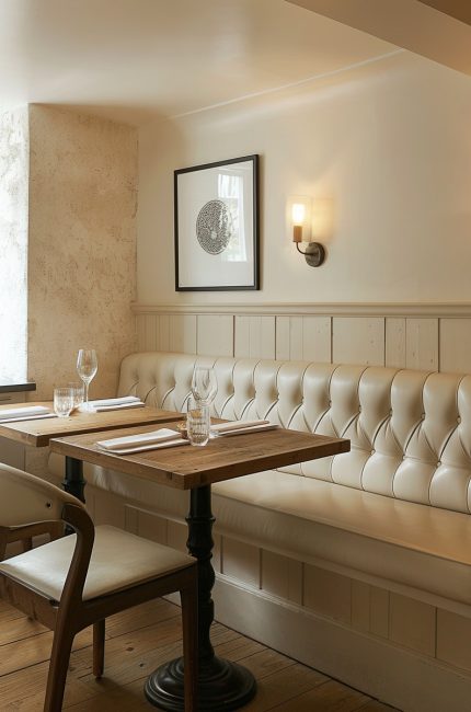 King’s Cross restaurant interior with neutral palette, tufted leather seating, and timber tables designed by The Stylesmiths London.