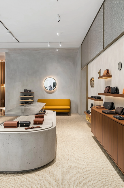 Modern Tottenham retail interior with concrete counters, wood shelving, and ambient lighting by London interior designers.