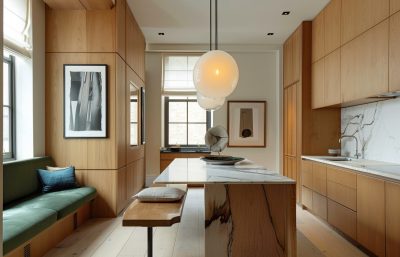 Contemporary Primrose Hill kitchen interior with natural oak cabinetry, marble island, and pendant lighting by The Stylesmiths London.