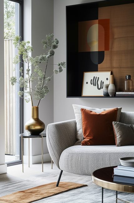 Modern Muswell Hill office interior with soft grey sofa, burnt orange cushions, and abstract wall art.