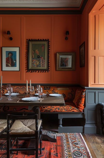 Moody Muswell Hill restaurant interior with terracotta walls, patterned banquette, and framed artwork by The Stylesmiths London.