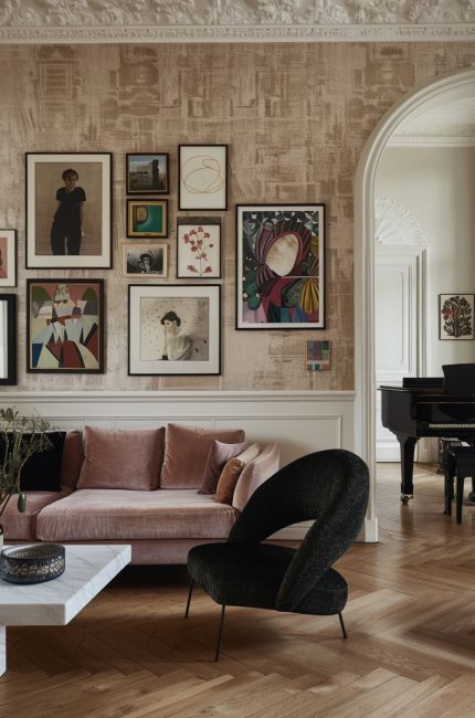 Artistic Muswell Hill living room with blush sofa, modern art, and herringbone floors designed by The Stylesmiths London.