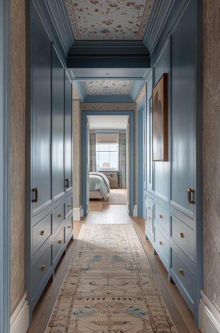 Paddington hallway interior with blue built-in cabinetry and patterned ceiling designed by The Stylesmiths London.