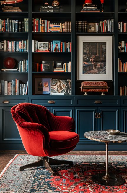 Classic Pimlico home library with dark blue built-in cabinetry, red velvet chair, and vintage rug.