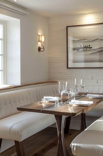 Light-filled Pimlico restaurant interior with white leather banquette seating and timber accents.