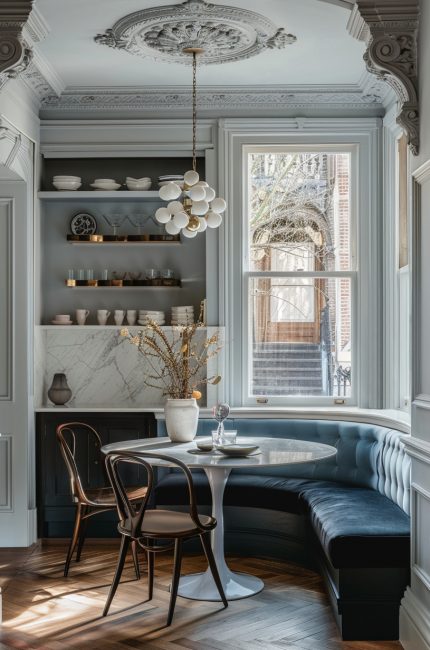 Elegant Pimlico kitchen nook with built-in banquette seating, marble backsplash, and traditional detailing.