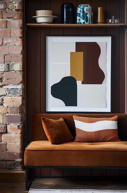 Pimlico office space with exposed brick wall, brown velvet sofa, and abstract artwork designed by The Stylesmiths London.