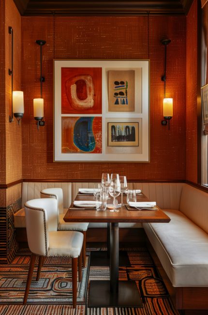 Intimate Primrose Hill restaurant interior with warm lighting, textured wallpaper, and bespoke seating.