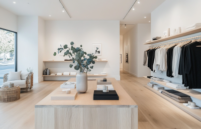Minimalist Primrose Hill retail interior with timber shelving, soft lighting, and neutral tones designed by London interior designers.