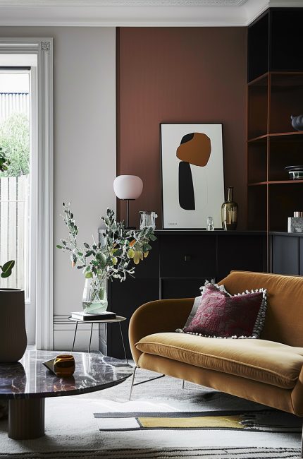 Wimbledon office with caramel velvet sofa, abstract artwork, and marble coffee table designed by The Stylesmiths London.