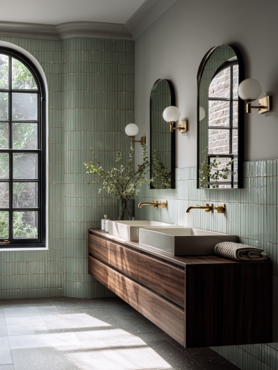 Contemporary London bathroom with soft green vertical tiles, walnut floating double vanity, brushed brass taps and arched mirrors by The Stylesmiths.