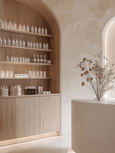 Contemporary London commercial interior with curved timber joinery, tonal minimal palette and textured plaster walls by The Stylesmiths.