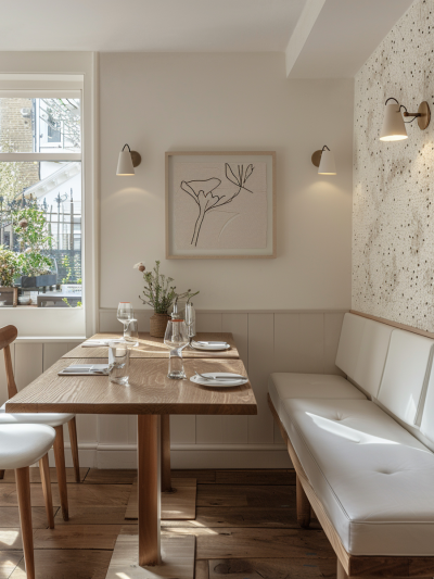 Contemporary London restaurant dining nook with warm neutral tonality, upholstered banquette, timber table and textured wall finish by The Stylesmiths.