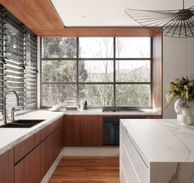 Contemporary London kitchen with timber cabinetry, marble benchtops and tonal contrast detailing by The Stylesmiths.