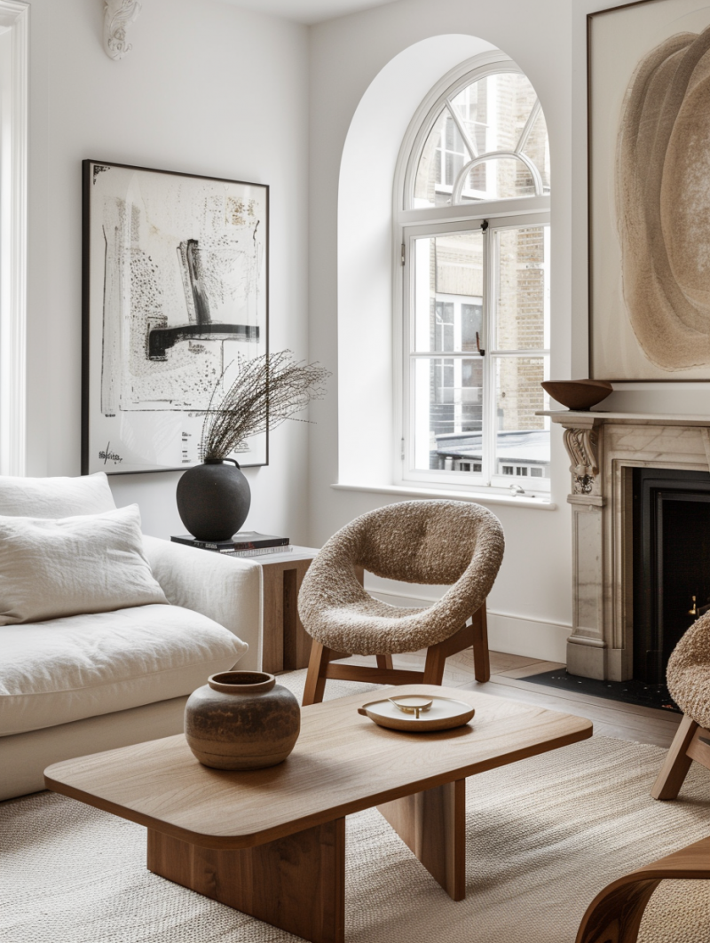 Contemporary London living room with arched sash window, neutral tonal palette, boucle armchair and timber coffee table by The Stylesmiths.