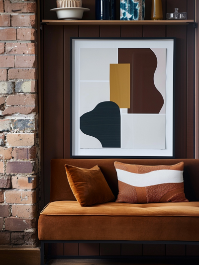 Contemporary London office interior with rich tonal palette, velvet bench seating, exposed brick and modern art styling by The Stylesmiths.