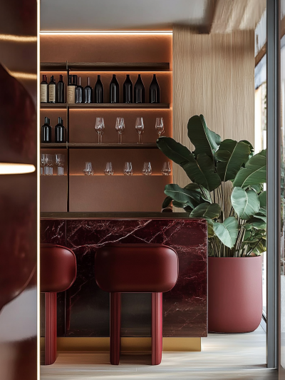 Modern London bar nook with burgundy marble counter, backlit shelving and warm ambient lighting in a rich tonal palette by The Stylesmiths.