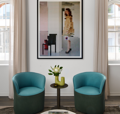 Modern London lounge with teal upholstered chairs, neutral curtains and statement artwork, styled with a calm tonal palette by The Stylesmiths.