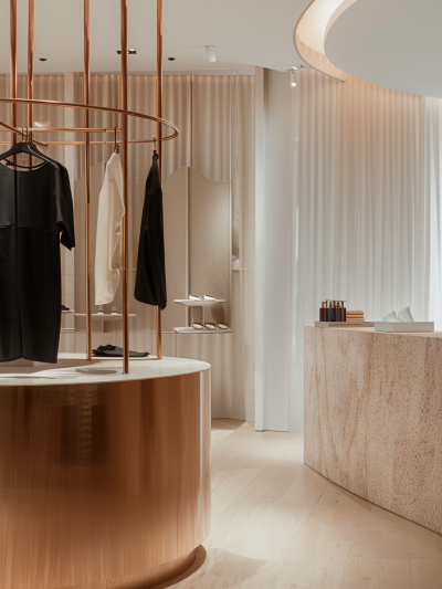 Modern London retail interior with curved copper clothing rail, soft neutral drapery and sculptural lighting in a warm minimalist palette by The Stylesmiths.