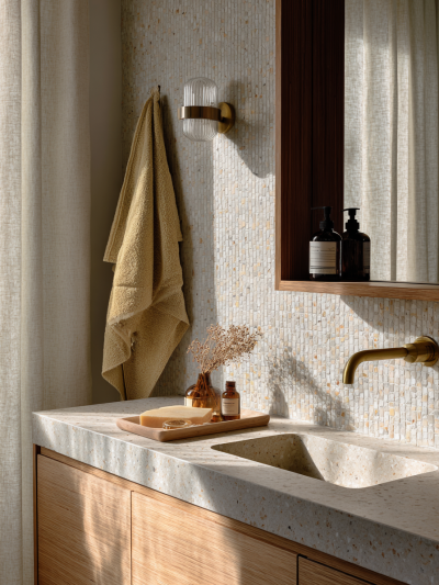 Sustainable London bathroom with terrazzo stone benchtop, timber vanity, brass tapware and warm natural light by The Stylesmiths.