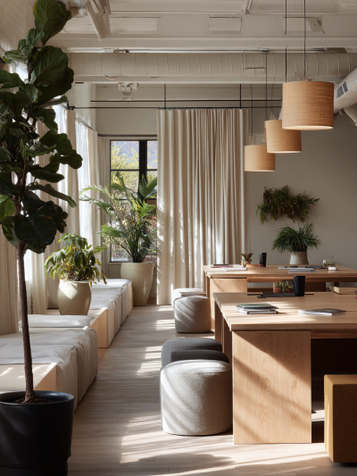 Sustainable London office interior with biophilic co-working design, natural timber desks, warm neutral palette, linen curtains and soft pendant lighting by The Stylesmiths.
