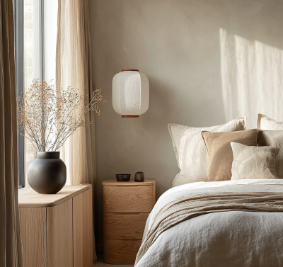 Calm Japandi bedroom with oak bed, linen bedding, soft beige walls and gentle natural light.