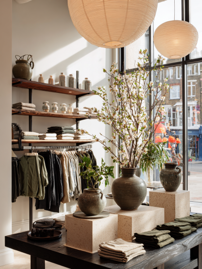 Japandi boutique retail interior with natural textiles, ceramic vessels and sculptural displays in warm neutral tones.