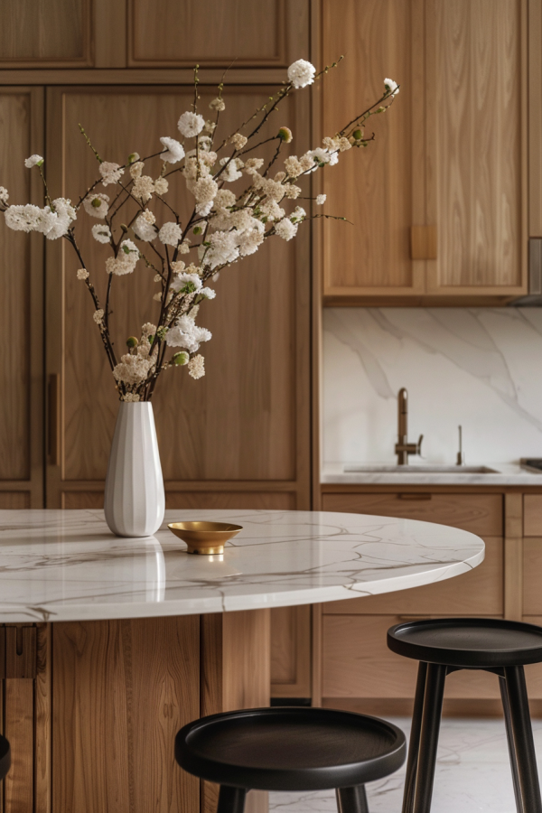 Japandi kitchen in London with warm timber joinery, veined stone benchtop and minimalist Japanese styling.