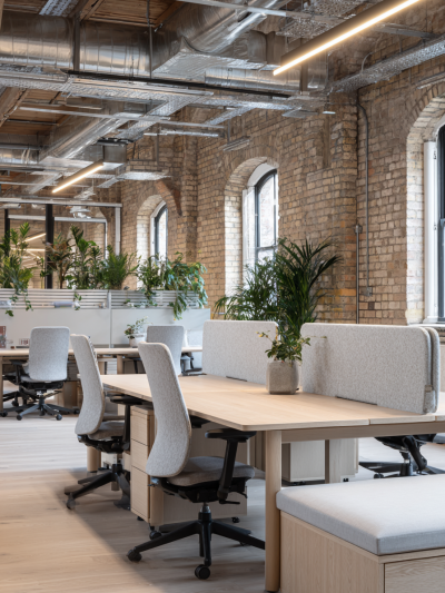 Japandi co-working office with timber desks, soft acoustic screens, greenery and an industrial brick shell.