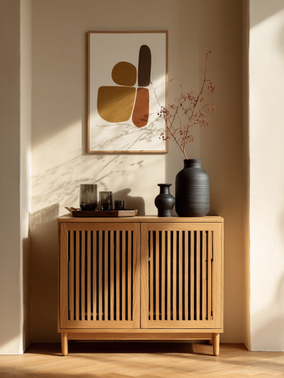 Japandi interior vignette with slatted oak cabinet, wabi-sabi ceramics and warm sunlight on neutral walls.
