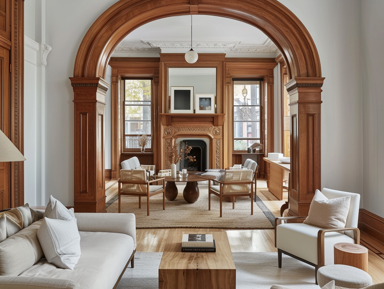 Grade II listed London townhouse living room with original timber arch and warm neutral interior styling.