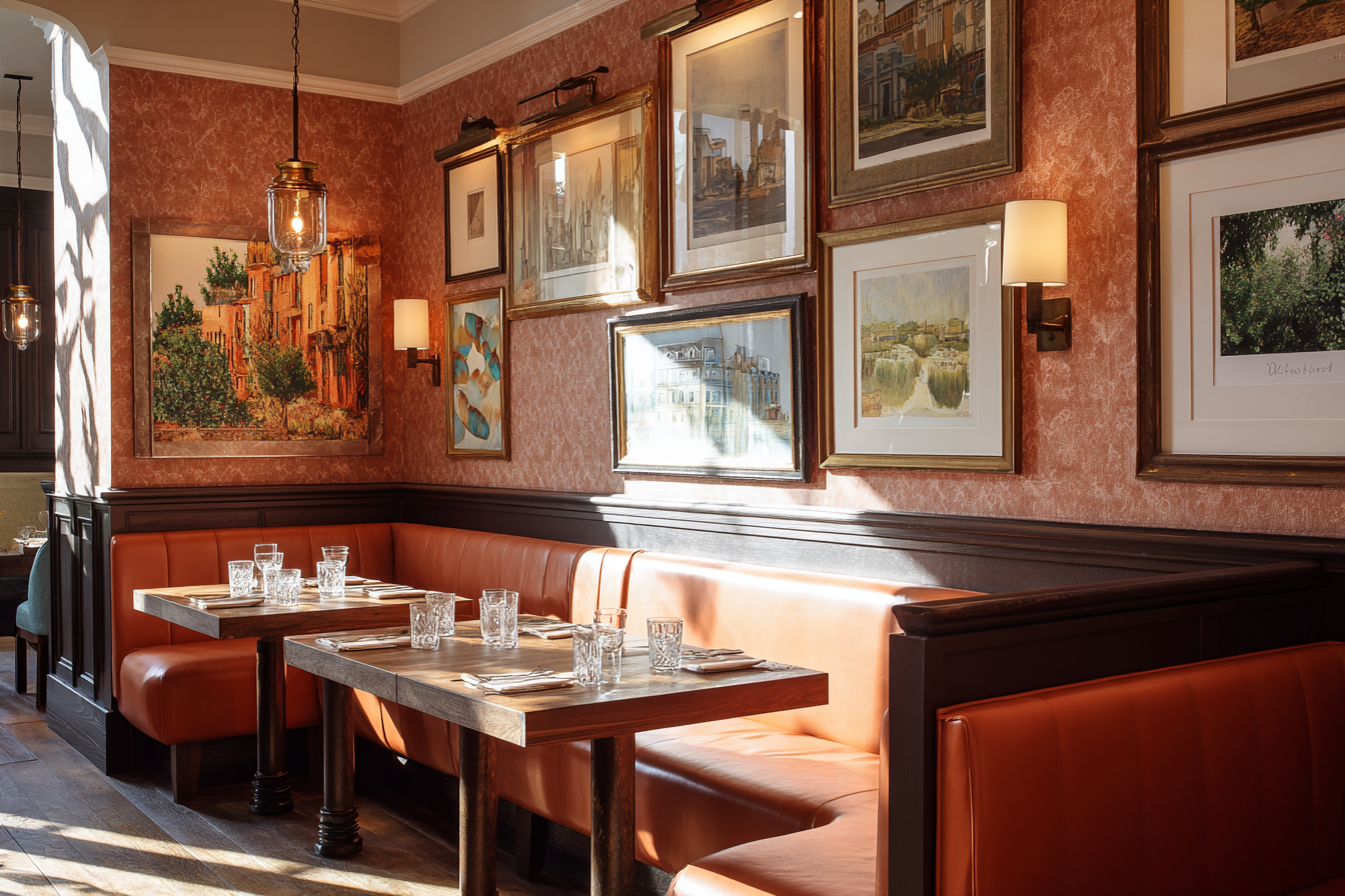 Warm hospitality interior with leather banquette seating in a heritage-listed London venue.
